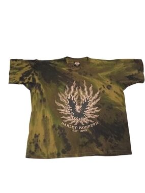 Harley-Davidson Olive and Black Tie-Dye Flame Graphic Tee